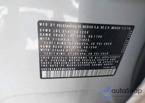 2019 Volkswagen Tiguan 2.0T S from USA, damaged, VIN 3VV1B7AX4KM048590